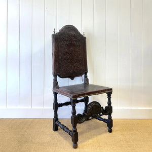 17th Century Iberian or English Walnut Side Chair w/Richly Tooled and Studded Leather Seat & Back