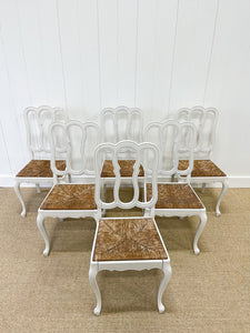 A Set of 6 Country French Painted Oak Dining Chairs With Rush Seats c1900