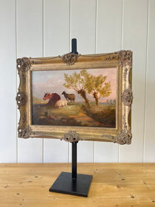 Antique Oil Painting of Cows and Sheep on Board Pastoral c1848