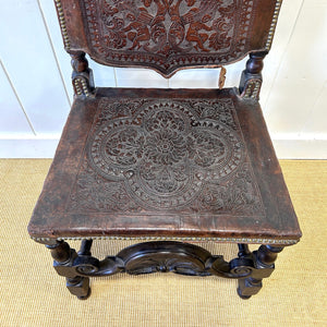 17th Century Iberian or English Walnut Side Chair w/Richly Tooled and Studded Leather Seat & Back