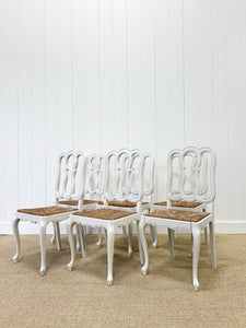 A Set of 6 Country French Painted Oak Dining Chairs With Rush Seats c1900