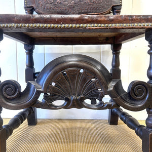 17th Century Iberian or English Walnut Side Chair w/Richly Tooled and Studded Leather Seat & Back