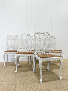 A Set of 6 Country French Painted Oak Dining Chairs With Rush Seats c1900