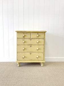 An Antique English Yellow Painted Pine Chest of Drawers Dresser c1890