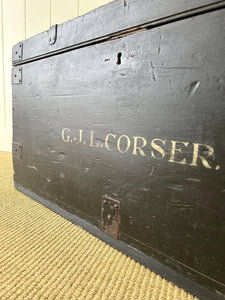 Antique Black English Pine Tool Box or Coffee Table With Iron Handles