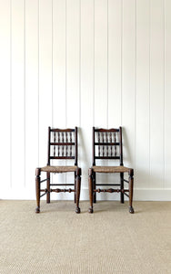 A Vintage Set of 6 English Oak Spindle Back Chairs with Rush Seats