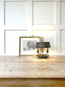 An Antique French Painted Toleware and Brass Twin Desk Lamp