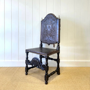 17th Century Iberian or English Walnut Side Chair w/Richly Tooled and Studded Leather Seat & Back