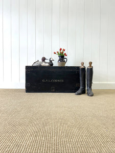 Antique Black English Pine Tool Box or Coffee Table With Iron Handles