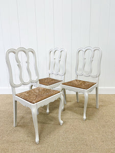 A Set of 6 Country French Painted Oak Dining Chairs With Rush Seats c1900