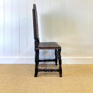 17th Century Iberian or English Walnut Side Chair w/Richly Tooled and Studded Leather Seat & Back