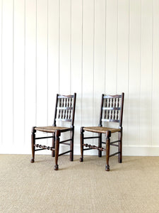 A Vintage Set of 6 English Oak Spindle Back Chairs with Rush Seats