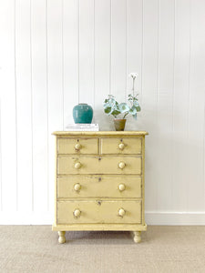 An Antique English Yellow Painted Pine Chest of Drawers Dresser c1890