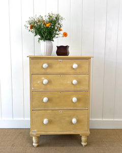 An Antique English Yellow Painted Pine Chest of Drawers Dresser c1890
