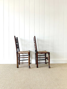 A Vintage Set of 6 English Oak Spindle Back Chairs with Rush Seats