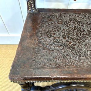 17th Century Iberian or English Walnut Side Chair w/Richly Tooled and Studded Leather Seat & Back