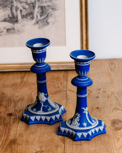 Wedgewood Cobalt Jasperware 8 Inch Candlestick Holders 19th Century
