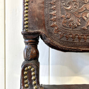 17th Century Iberian or English Walnut Side Chair w/Richly Tooled and Studded Leather Seat & Back