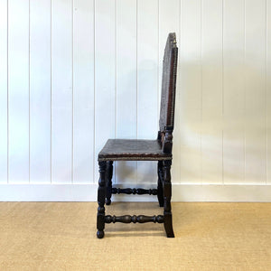 17th Century Iberian or English Walnut Side Chair w/Richly Tooled and Studded Leather Seat & Back