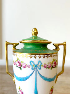 Green Miniature Minton Pedestal Handled Vase w/Cover