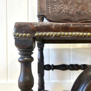 17th Century Iberian or English Walnut Side Chair w/Richly Tooled and Studded Leather Seat & Back