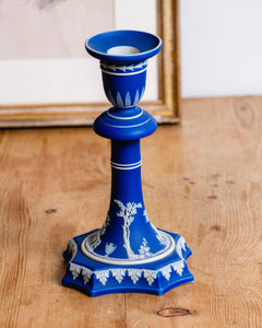 Wedgewood Cobalt Jasperware 8 Inch Candlestick Holders 19th Century
