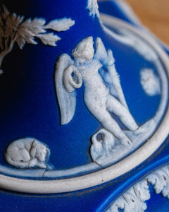 Wedgewood Cobalt Jasperware 8 Inch Candlestick Holders 19th Century