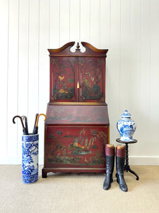 An Antique Red Chinoiserie Bookcase Cabinet or Hutch