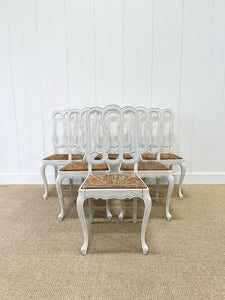 A Set of 6 Country French Painted Oak Dining Chairs With Rush Seats c1900