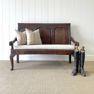 A Good 19th Century English Oak Settle with Freshly Upholstered Seat