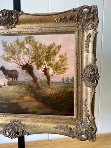 Antique Oil Painting of Cows and Sheep on Board Pastoral c1848
