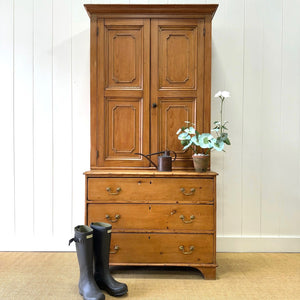 A 19th Century English Pine Linen Press Cupboard with Brass Hardware