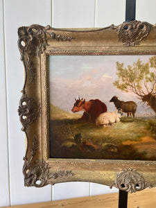 Antique Oil Painting of Cows and Sheep on Board Pastoral c1848