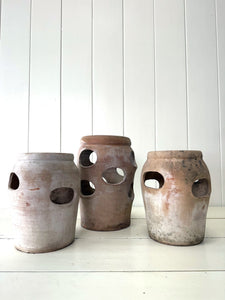 Lot of Seven English Terra Cotta Strawberry Pots with Perfect Patina!