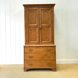 A 19th Century English Pine Linen Press Cupboard with Brass Hardware