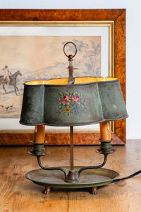 An Antique French Painted Toleware and Brass Twin Desk Lamp