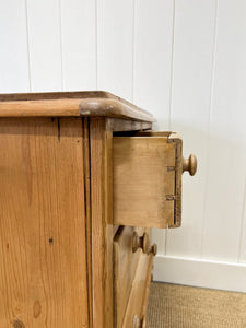 A Charming English Pine Deep and Low Chest of Drawers Dresser with Wooden Knobs c1890