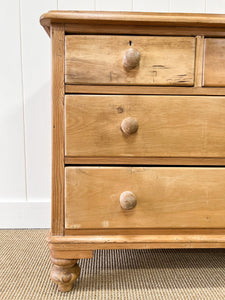 A Charming English Pine Deep and Low Chest of Drawers Dresser with Wooden Knobs c1890