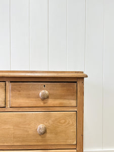 A Charming English Pine Deep and Low Chest of Drawers Dresser with Wooden Knobs c1890