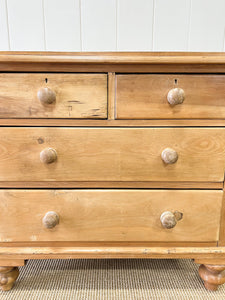 A Charming English Pine Deep and Low Chest of Drawers Dresser with Wooden Knobs c1890