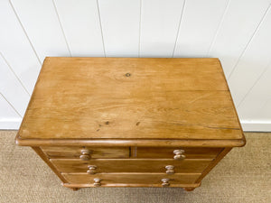A Charming English Pine Deep and Low Chest of Drawers Dresser with Wooden Knobs c1890