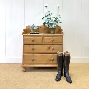 An Antique English Pine Chest of Drawers Dresser Tulip Feet with Gallery c1890