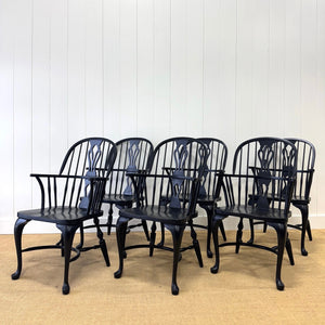 A Set of Six Antique Black Windsor Armchairs