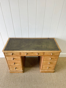 Antique English Pine Pedestal Desk with Green Leather Top c1890