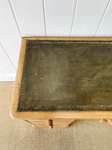 Antique English Pine Pedestal Desk with Green Leather Top c1890