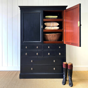 A Large 19th Century English Ebonized Linen Press Cupboard