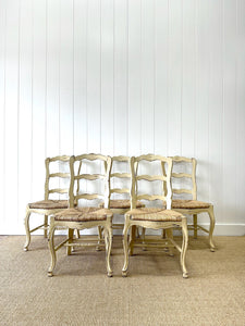 A Set of 5 French Vintage Ladder Back Chairs with Rush Seats