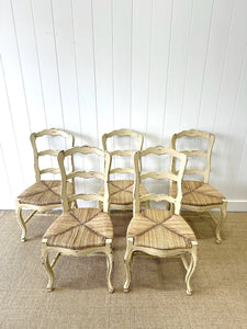 A Set of 5 French Vintage Ladder Back Chairs with Rush Seats