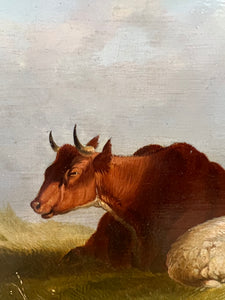 Antique Oil Painting of Cows and Sheep on Board Pastoral c1848