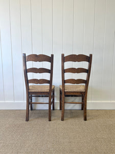 A Set of 6 Vintage Country English Oak Dining Chairs With Rush Seats